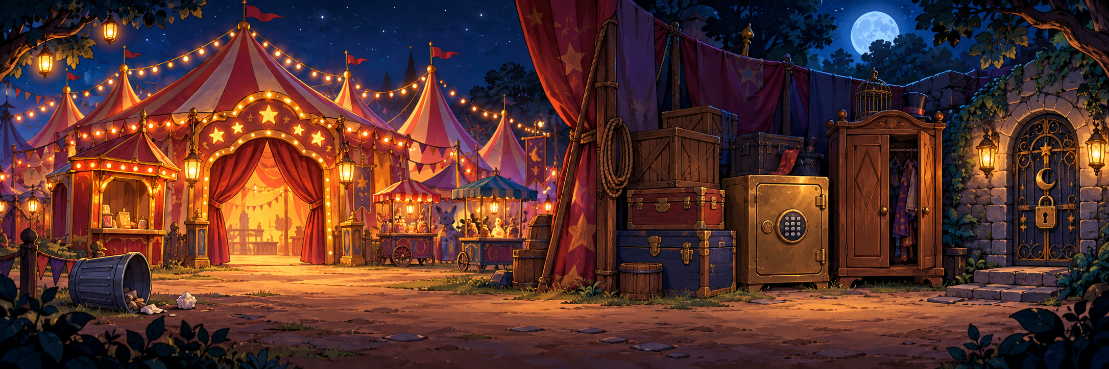 Circo mágico iluminado à noite